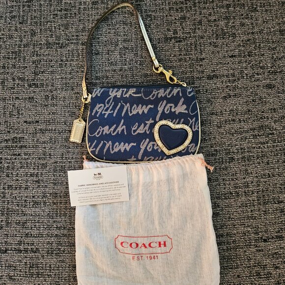 COACH Script New York Gold Navy Blue Heart Skinny Purse Wallet Wristlet RARE! - Picture 1 of 3